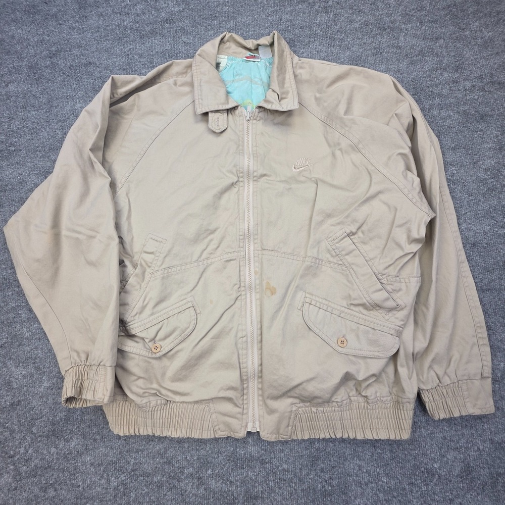 Vintage Nike Canvas Bomber Jacket Men's Large Beige Full Zip Chore Pocket *Stain
